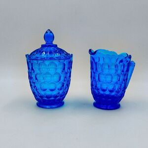 Fenton Glass Colonial Blue Thumbprint Sugar Bowl Creamer Pitcher Lid Set
